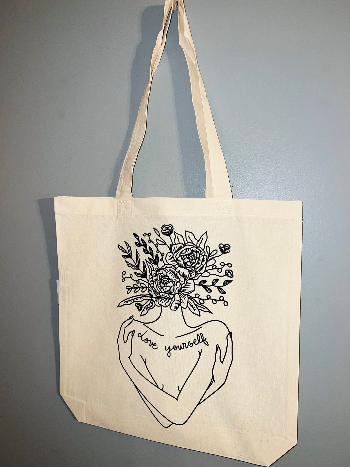 “Love Yourself” Natural Canvas Tote Bag, 15"W × 14"H × 4"D