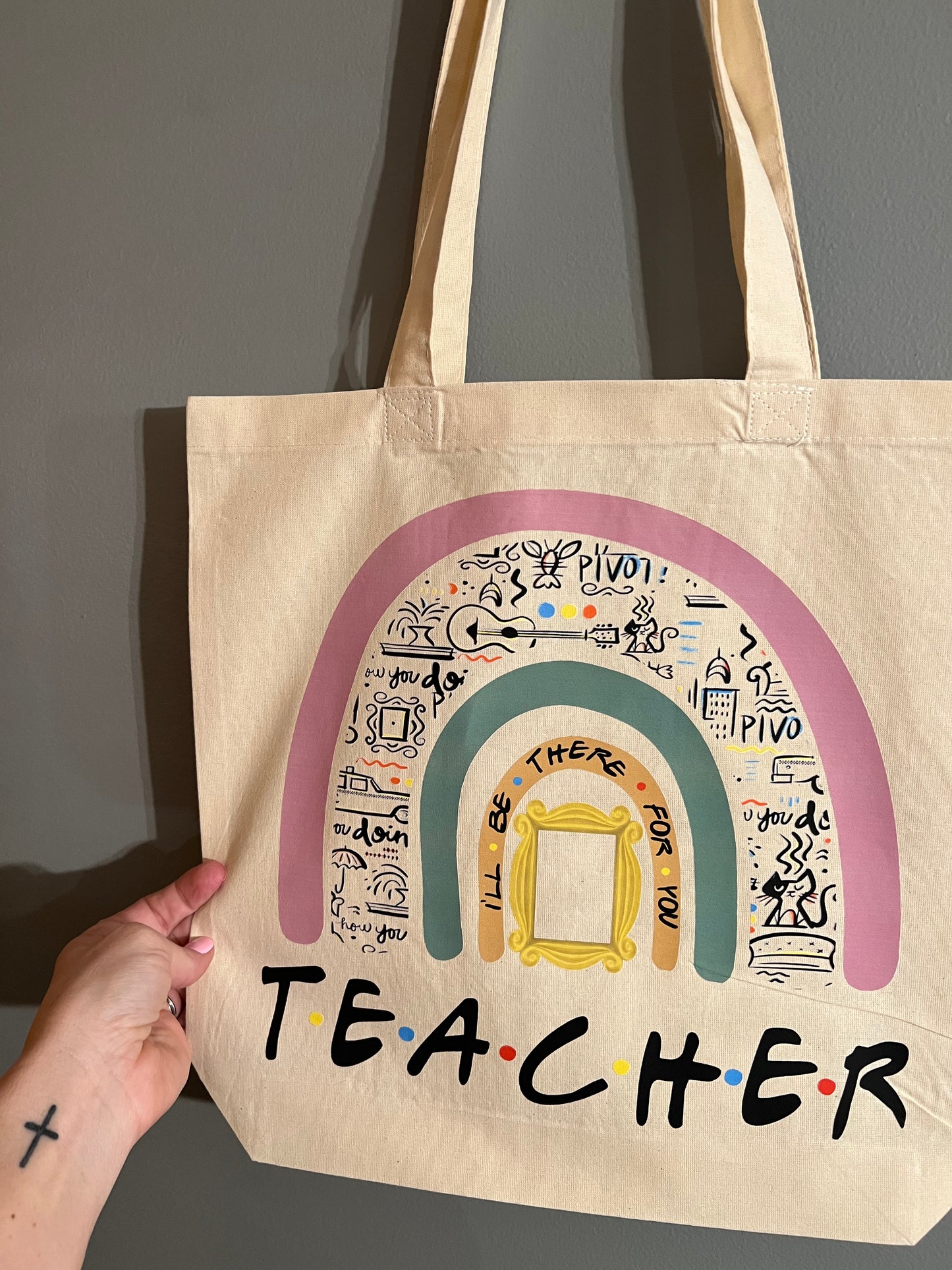 Teacher natural cotton canvas tote, 15"W × 14"H × 4"D