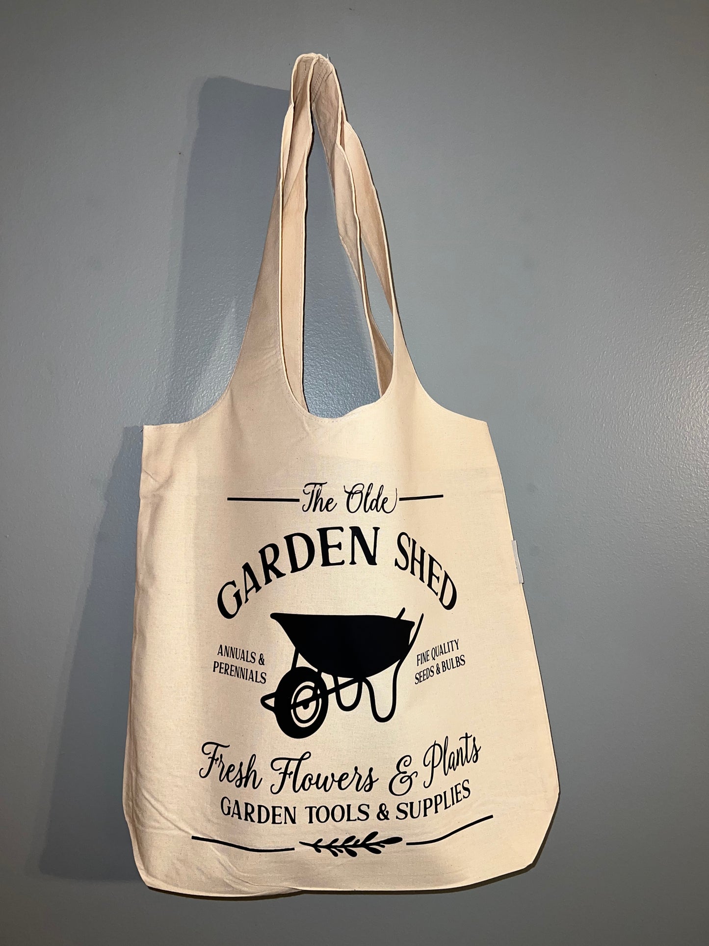 The Olde Garden Shed Tote Bag, Large 100% soft cotton Stow-n-go tote bag, Size 16 H X 17 W