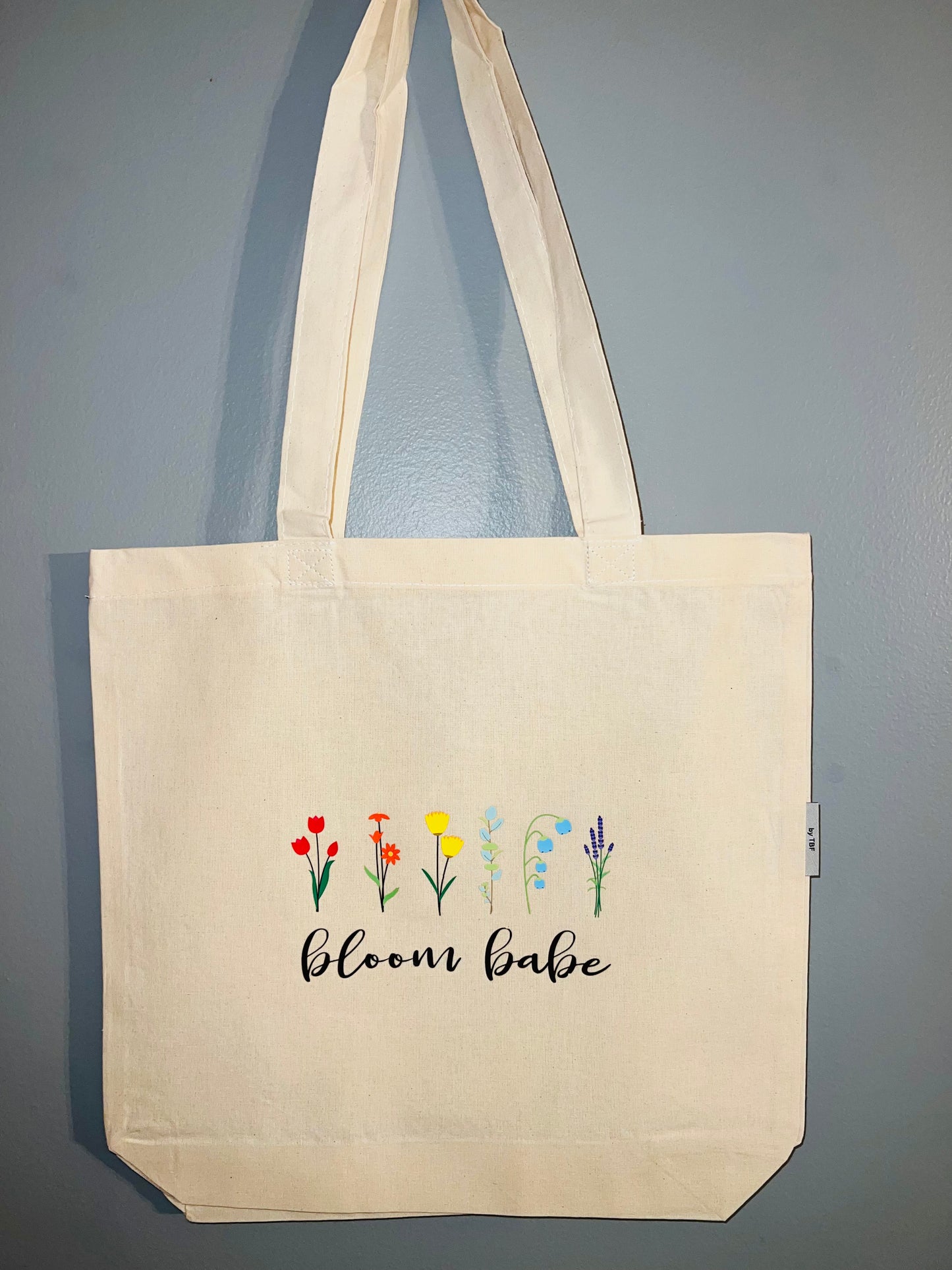 “Bloom Babe” Natural Canvas Tote Bag, 15"W × 14"H × 4"D