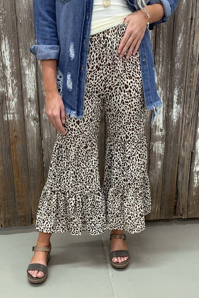 Leopard Print Ruffle Wide Leg Pants
