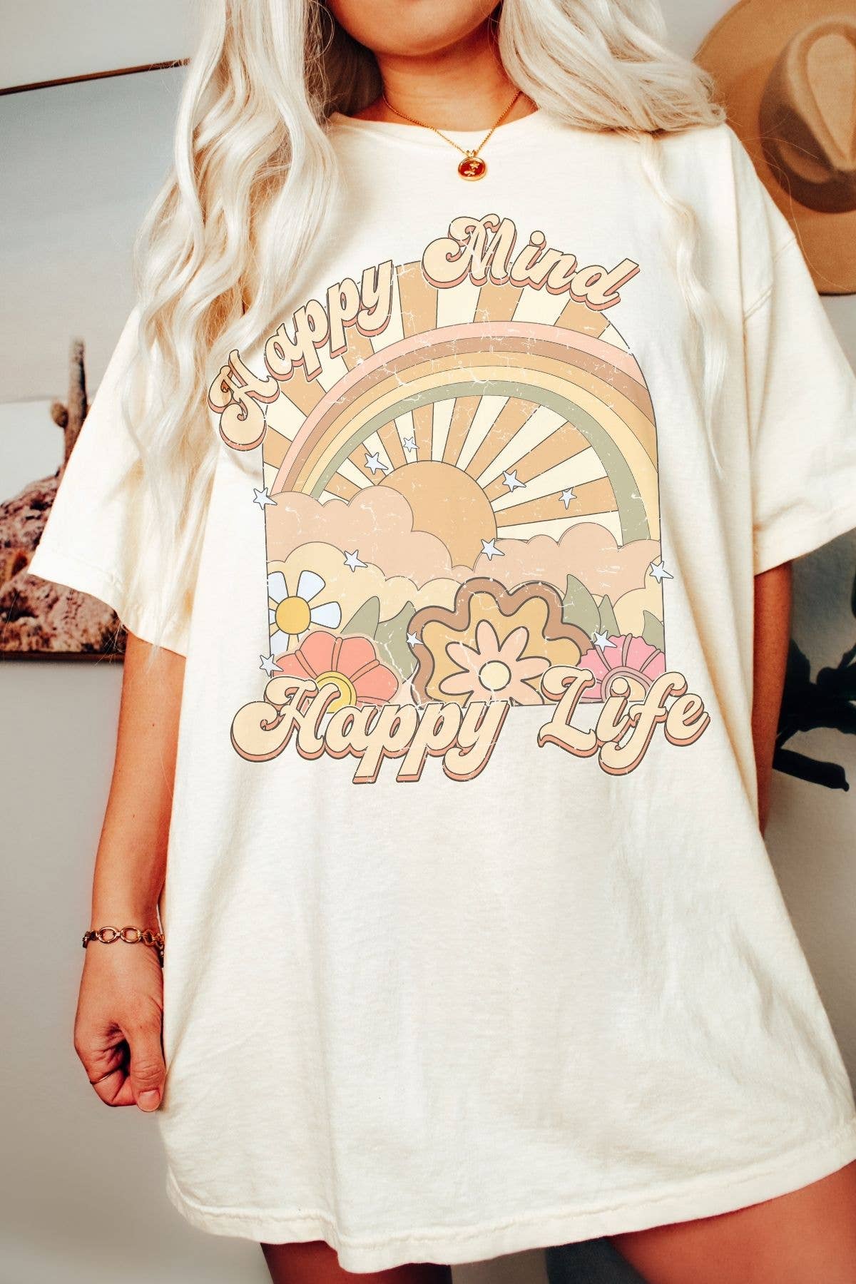The Happy Mind Happy Life Oversized Graphic Tee