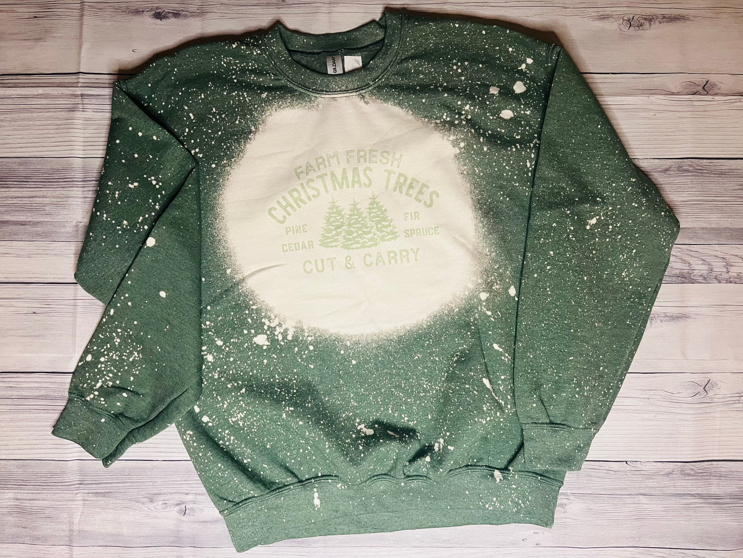 Heather Green bleached Christmas Crew neck, Farm Fresh Christmas Trees