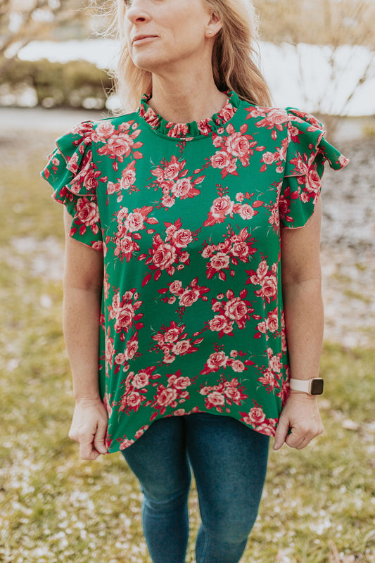 Frilled Mock Neck Floral With Back Button Top, Green and Coral