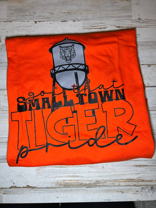 Got that small town Tiger Pride, bright orange tee