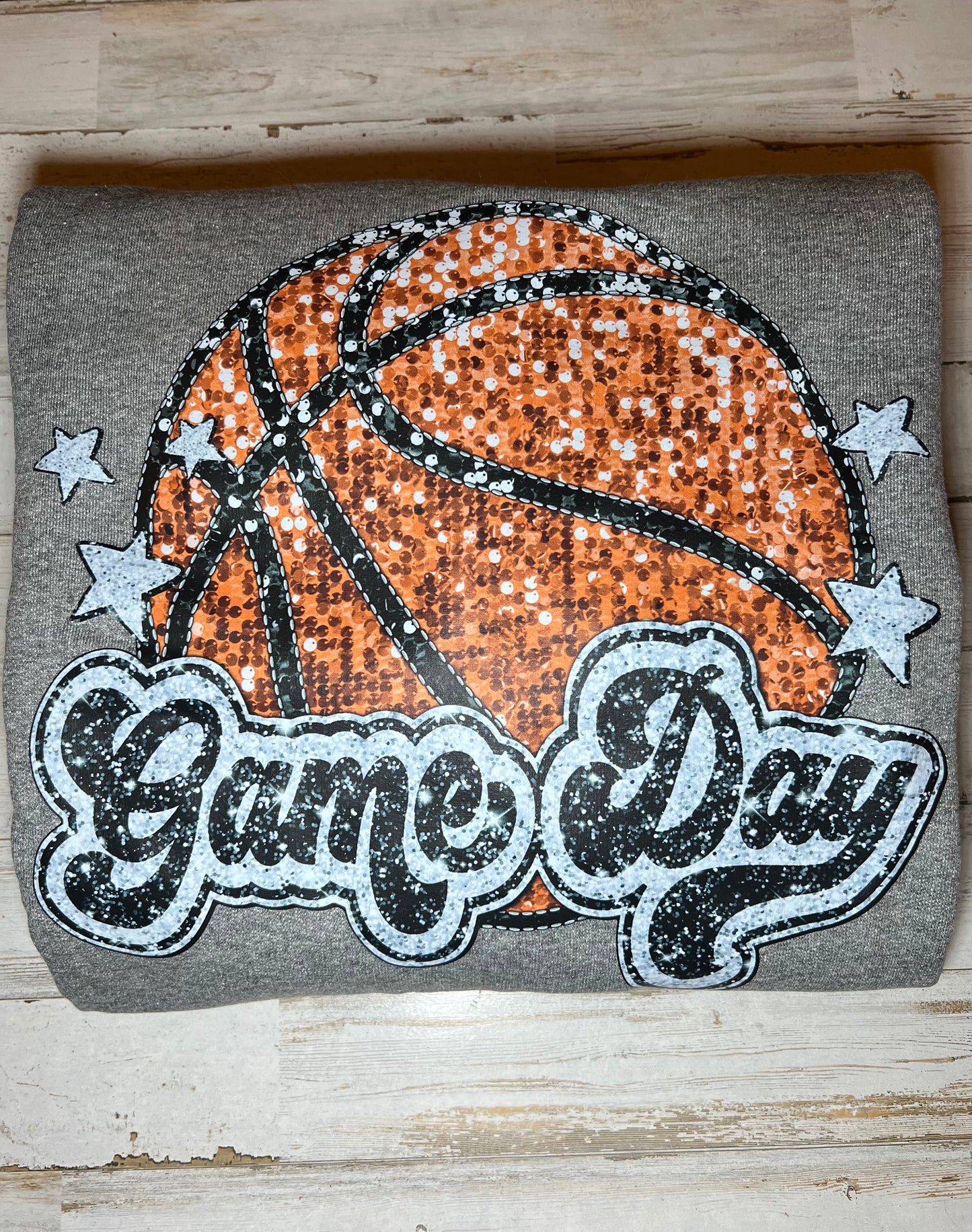 Game Day Basketball, faux sparkle print on grey crewneck