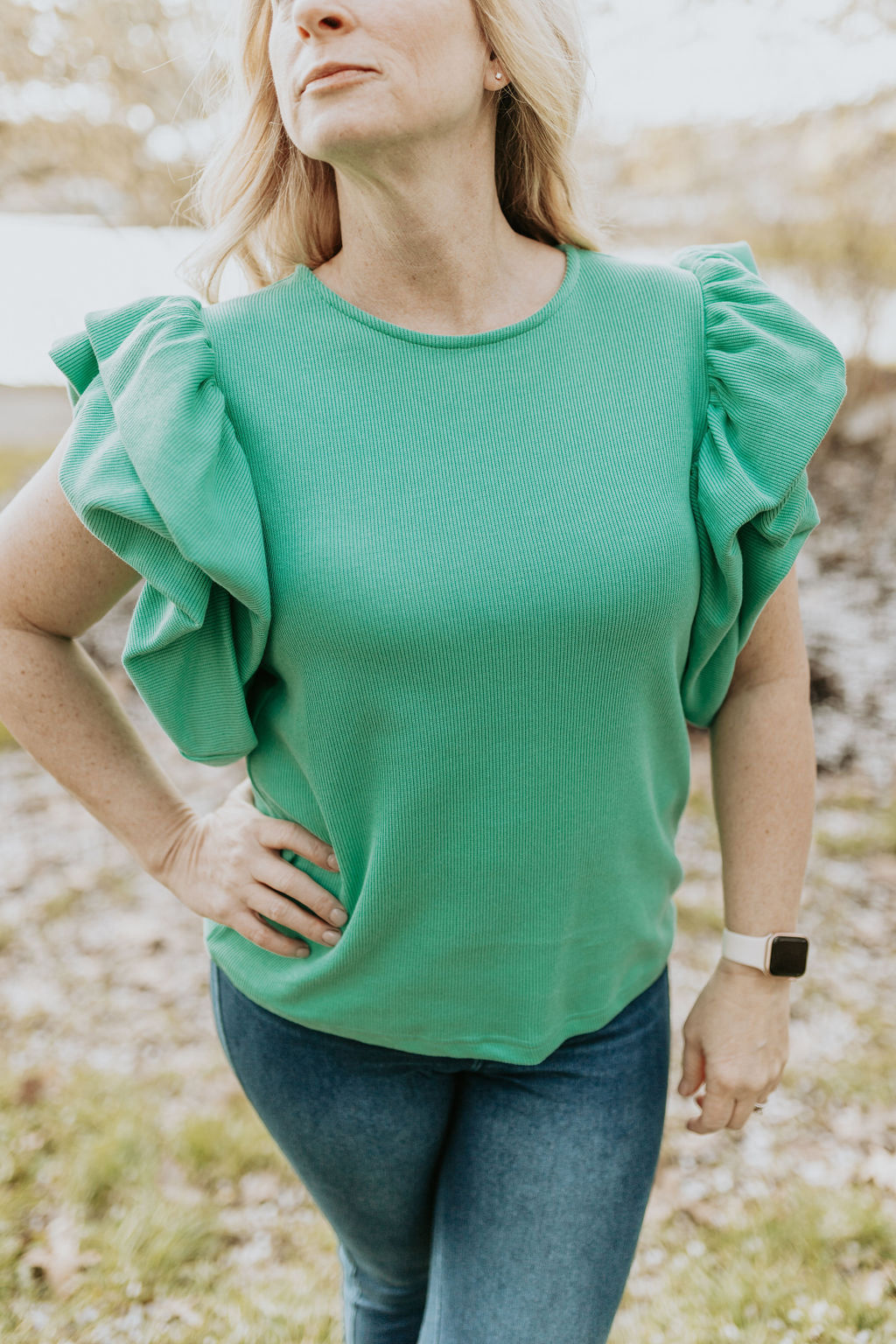 Green Solid Color Ruffle Sleeve Ribbed Blouse