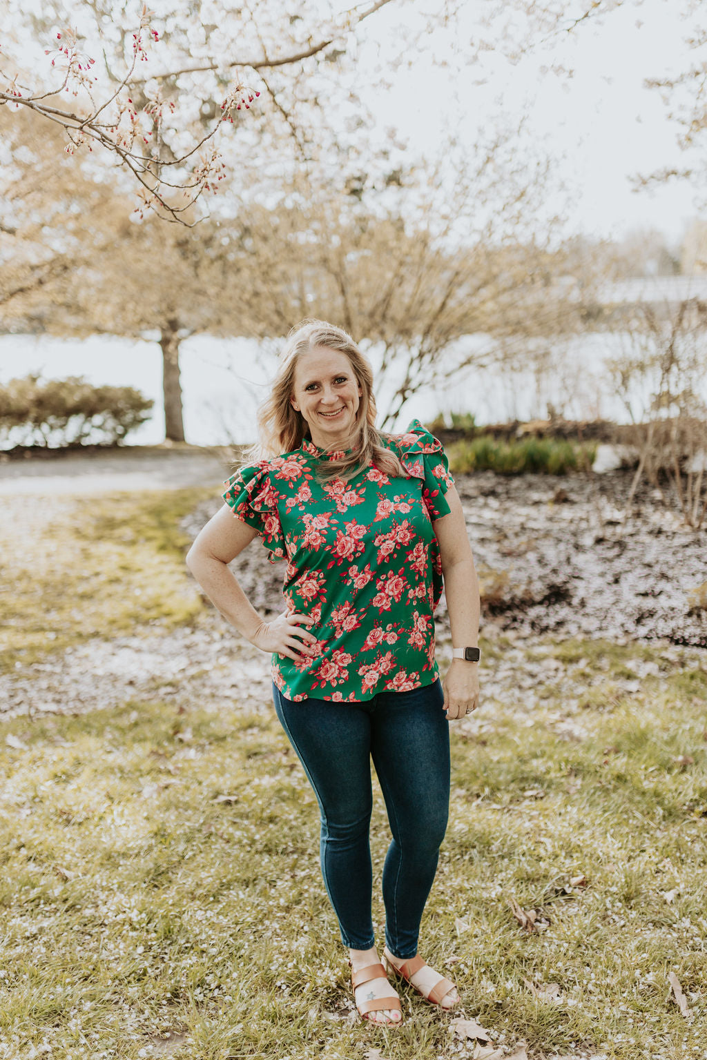 Frilled Mock Neck Floral With Back Button Top, Green and Coral