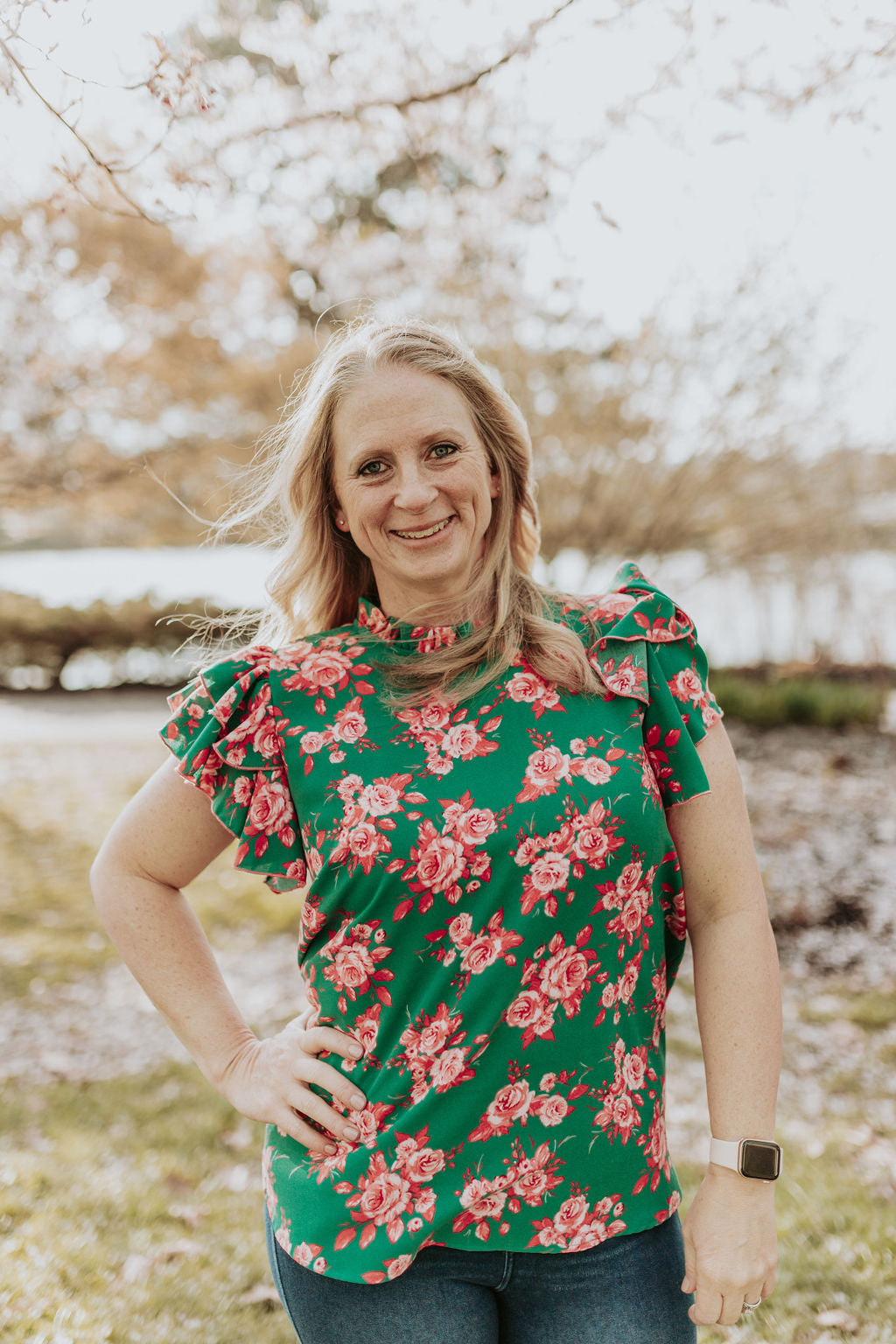 Frilled Mock Neck Floral With Back Button Top, Green and Coral