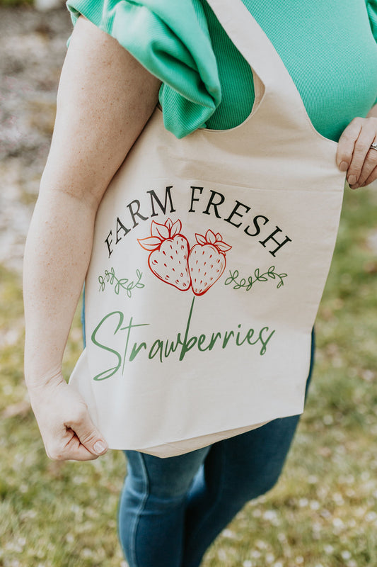 Farm Fresh Strawberries, 100% soft cotton Stow-n-go tote bag, Size 16 H X 17 W