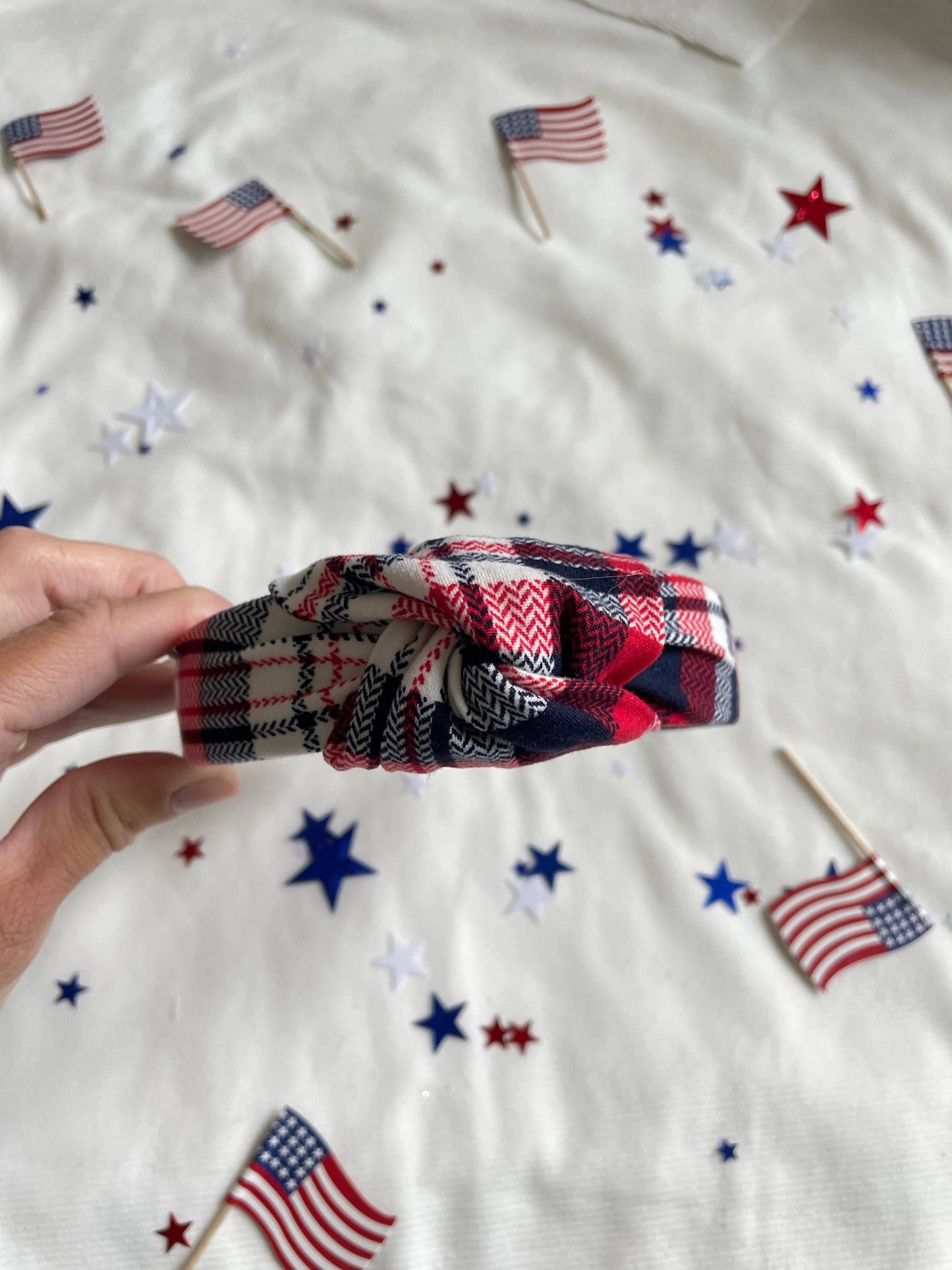 Red White Blue Plaid Top Knot Headband, Brynnbands