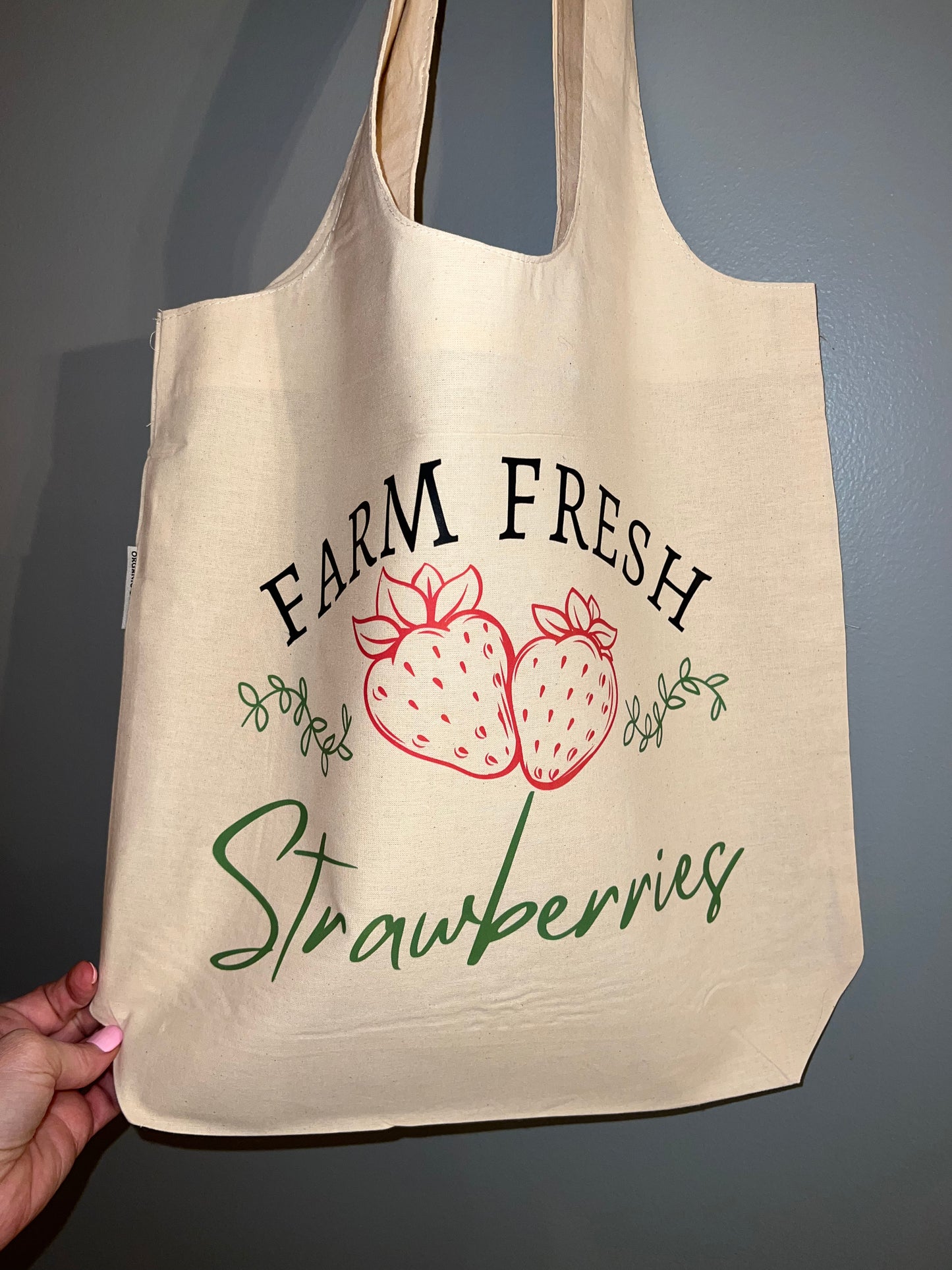 Farm Fresh Strawberries, 100% soft cotton Stow-n-go tote bag, Size 16 H X 17 W
