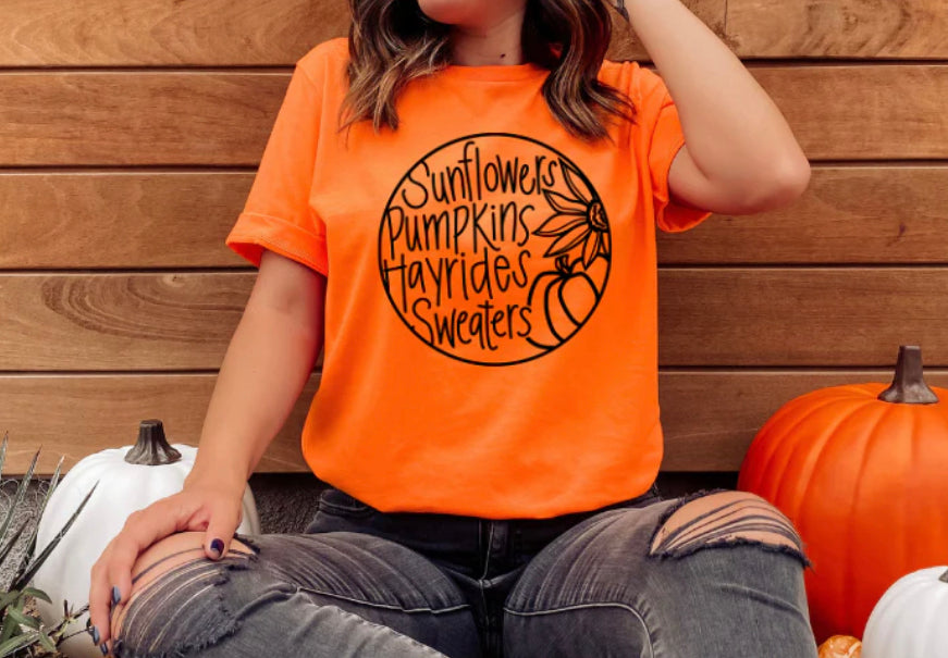 Fall Tee, Sunflowers Pumpkins Hayrides Sweaters