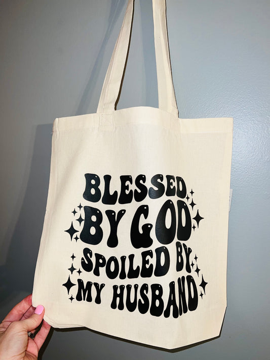 “Blessed by God, Spoiled By My Husband” Natural Tote Bag, 15"W × 14"H × 4"D