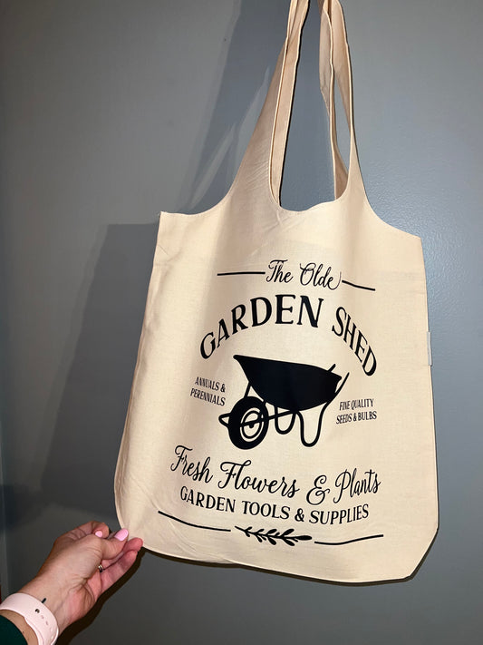 The Olde Garden Shed Tote Bag, Large 100% soft cotton Stow-n-go tote bag, Size 16 H X 17 W