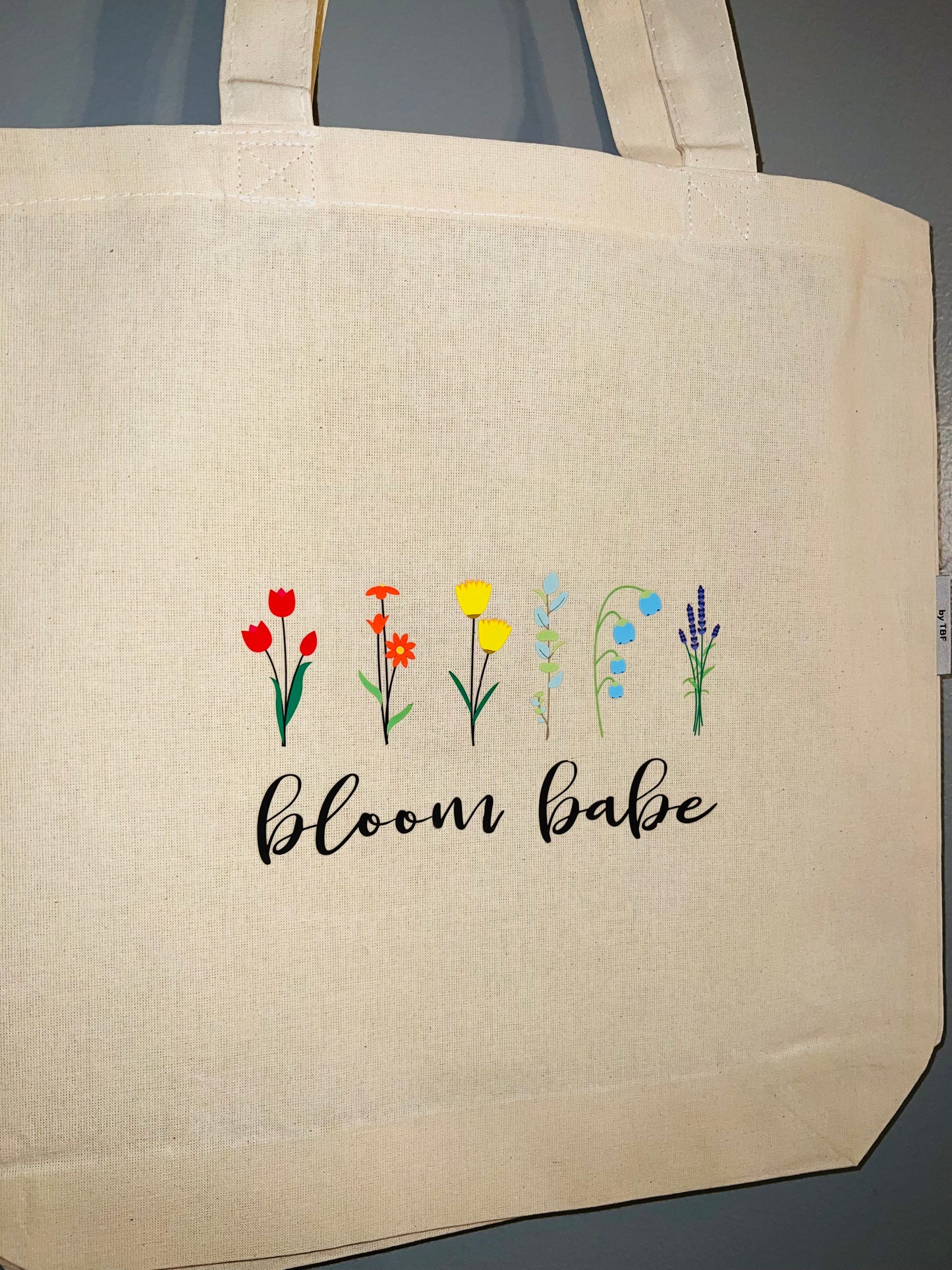 “Bloom Babe” Natural Canvas Tote Bag, 15"W × 14"H × 4"D