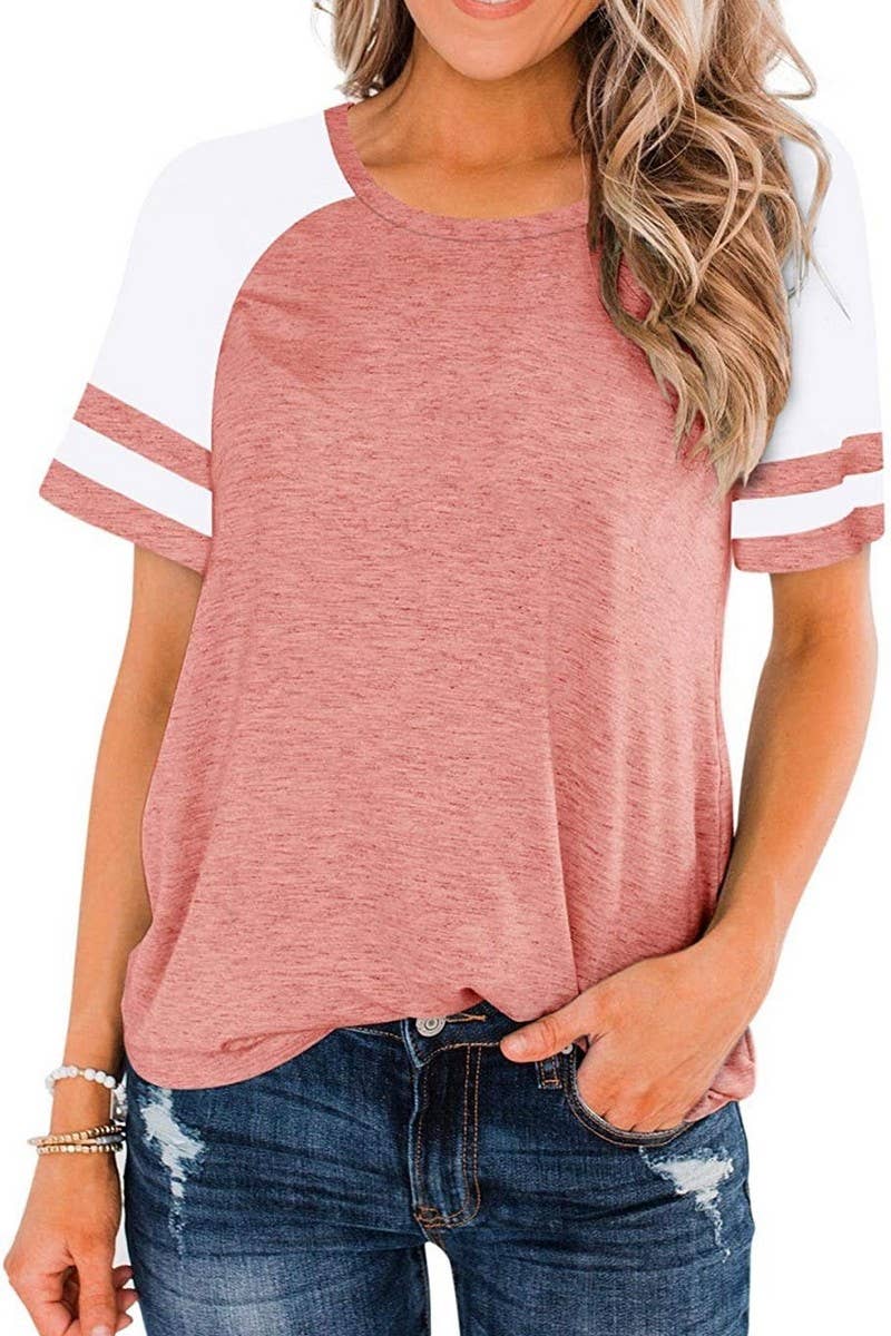 Pink & White Round Neck Short Sleeved Top