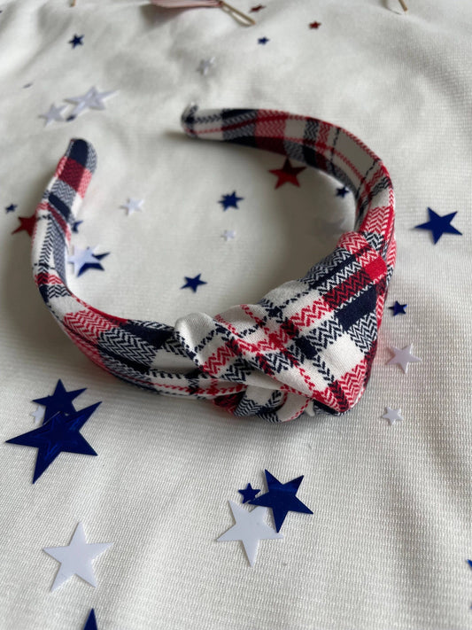 Red White Blue Plaid Top Knot Headband, Brynnbands