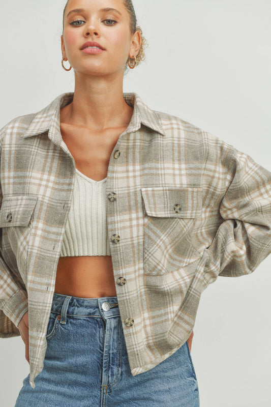 Grey Plaid Crop Shacket