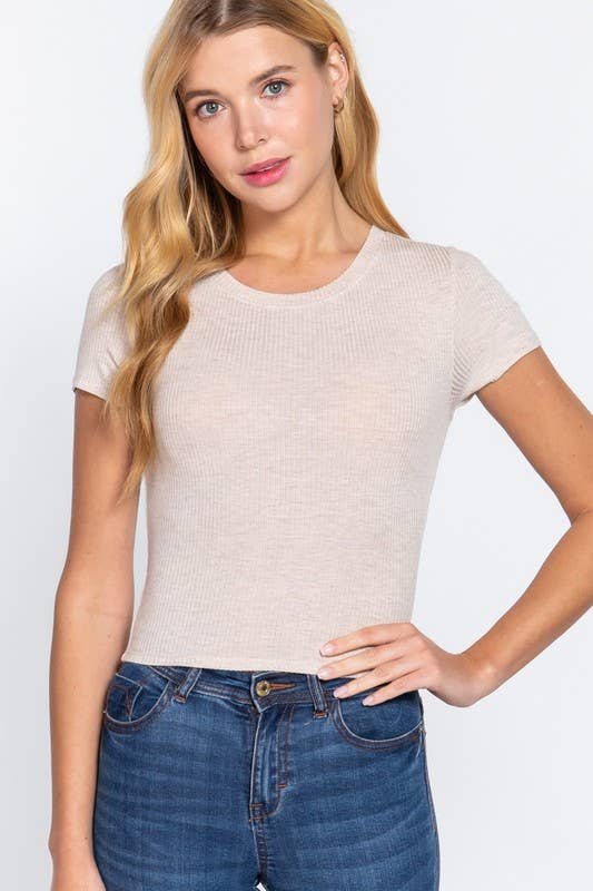 Short Sleeve Crew Neck Rib Crop Top, Cream (Runs very small)