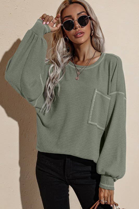 Green long balloon sleeve pocket sweater top