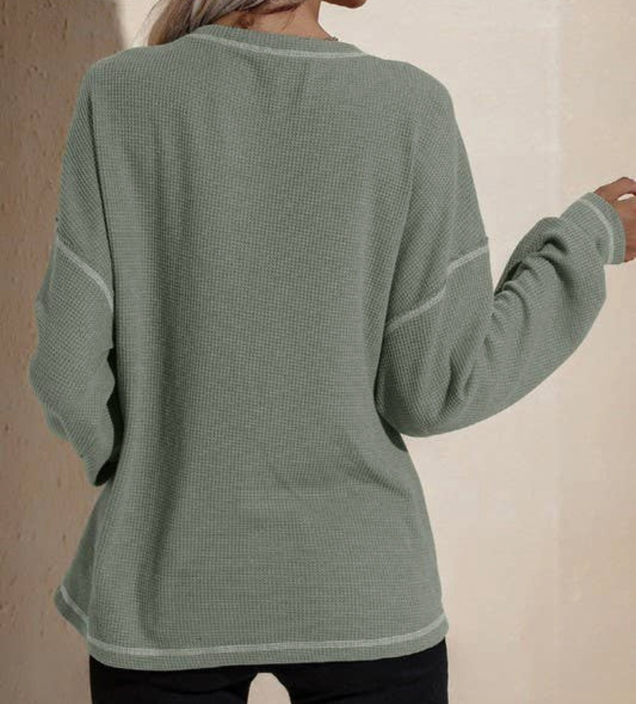 Green long balloon sleeve pocket sweater top